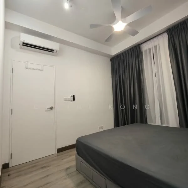 Bedroom features: grey upholstered bed base, wall-mounted split AC, 5-blade ceiling fan with light, white painted walls, grey curtains, laminate flooring, single window, door with handle; style: modern.