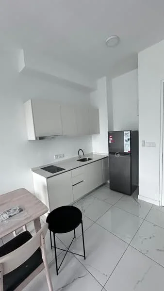 Kitchen features: white cabinetry, black countertop, single-bowl stainless-steel sink, chrome pull-down faucet, built-in oven, stainless-steel fridge, ceramic tile flooring, recessed downlights, dining table with 2 chairs; style: modern.