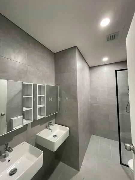 Bathroom features: grey tiled walls, grey tiled flooring, single-sink vanity with wall-mounted faucet, framed mirror above sink, built-in shelving unit, glass shower enclosure, recessed LED downlights, modern wall-mounted toilet; style: modern.