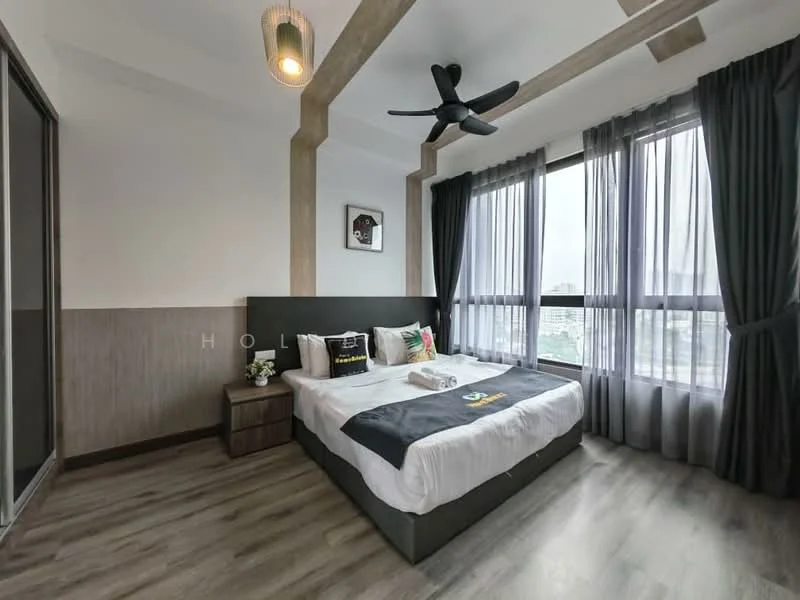 Bedroom features: king-size bed, upholstered headboard, 2 bedside tables, decorative pillows, floor-to-ceiling windows, grey sheer curtains, wooden flooring, 5-blade ceiling fan, wall-mounted artwork, recessed lighting, neutral wall colour, wooden ceiling beams; style: modern; view: city.