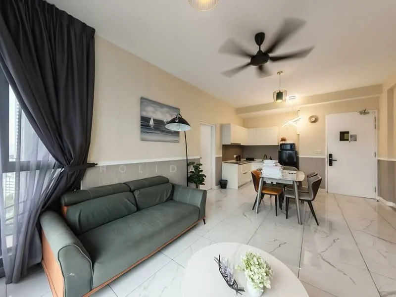 Living features: 3-seater fabric sofa in green, coffee table with white surface, area rug, floor-to-ceiling windows, blackout curtains, ceiling fan with light, wall-mounted artwork, marble tile flooring, indoor plant, dining table with chairs, kitchen area visible in background; style: modern.