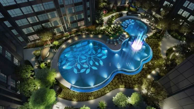 Exterior type: swimming pool deck; features: infinity pool with decorative patterns, water fountain feature, pool deck with loungers, lush landscaping with plants and trees, surrounding seating areas, ambient lighting around the pool, tropical landscaping, manicured garden areas; style: modern.