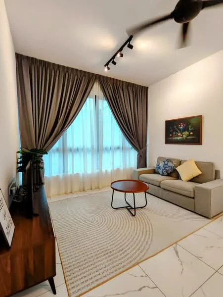 Living features: 3-seater fabric sofa in light grey, round coffee table with black metal legs, area rug with circular pattern, floor-to-ceiling windows with sheer curtains, dark grey curtains, wall-mounted artwork, ceiling-mounted track lighting, ceiling fan; style: modern.