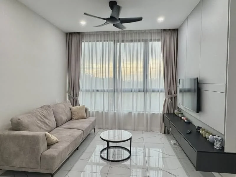 Living features: 3-seater fabric sofa in beige, round coffee table with black metal base, floor-to-ceiling windows, sheer curtains, recessed LED downlights, ceiling fan, wall-mounted TV, light-colored wall with built-in cabinetry, white marble tile flooring; style: modern; view: city.