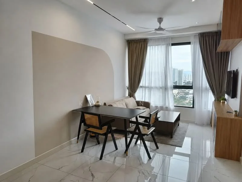 Living features: white painted walls, light grey accent wall, marble tile flooring, 5-blade ceiling fan with light, floor-to-ceiling windows, sheer curtains, beige sofa, wood coffee table, black dining table, 2 wooden dining chairs, TV console, wall-mounted TV, decorative items on console; style: modern; view: city.