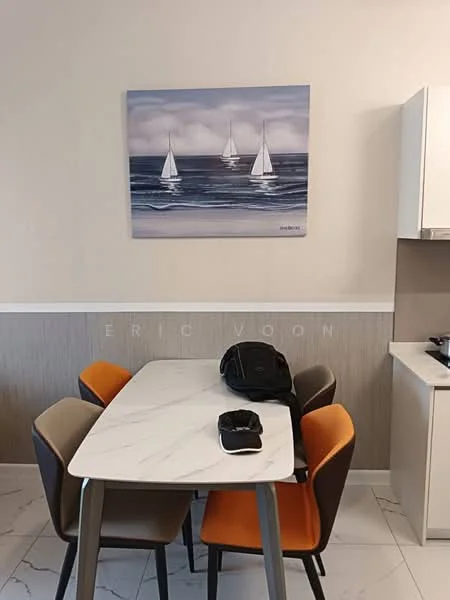 Dining features: 4-seater dining table with marble top, upholstered dining chairs in grey, brown, and orange, framed artwork of sailboats, light-colored painted walls, wood paneling on lower wall, tile flooring, kitchen cabinetry visible in background, kitchen countertop with appliances; style: modern.