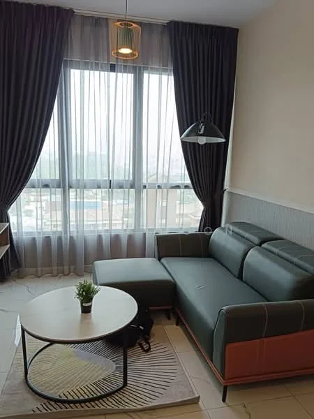Living features: 3-seater fabric sofa in green, round coffee table, area rug with circular pattern, floor-to-ceiling windows, sheer curtains, blackout curtains, pendant light, wall-mounted light fixture, decorative plant in ceramic pot, light-colored wall, tile flooring; style: modern; view: city.