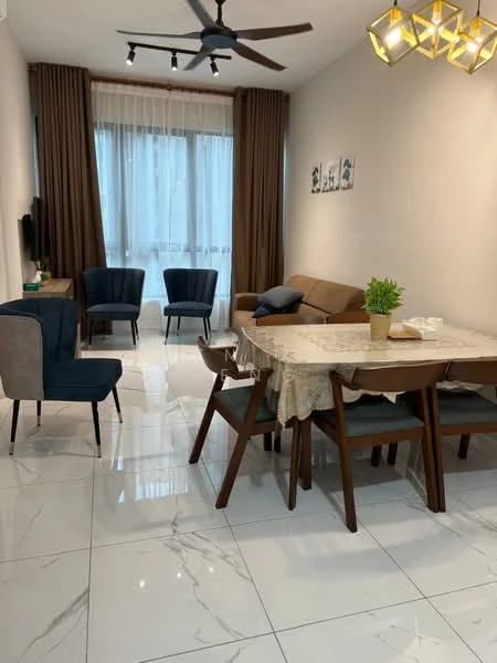 Living features: marble tile flooring, white painted walls, recessed downlights, 5-blade ceiling fan, sofa in brown fabric, 2 blue upholstered armchairs, dining table with 6 wooden chairs, decorative plant on table, wall-mounted TV, curtains in light fabric, artwork on walls; style: modern.
