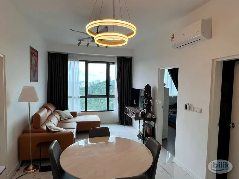 Living features: 3-seater brown leather sofa, round dining table with grey chairs, floor-to-ceiling windows, curtains, ceiling fan with light, recessed LED downlights, wall-mounted TV, white painted walls, polished tile flooring, decorative wall art, air conditioning unit; style: modern; view: garden.