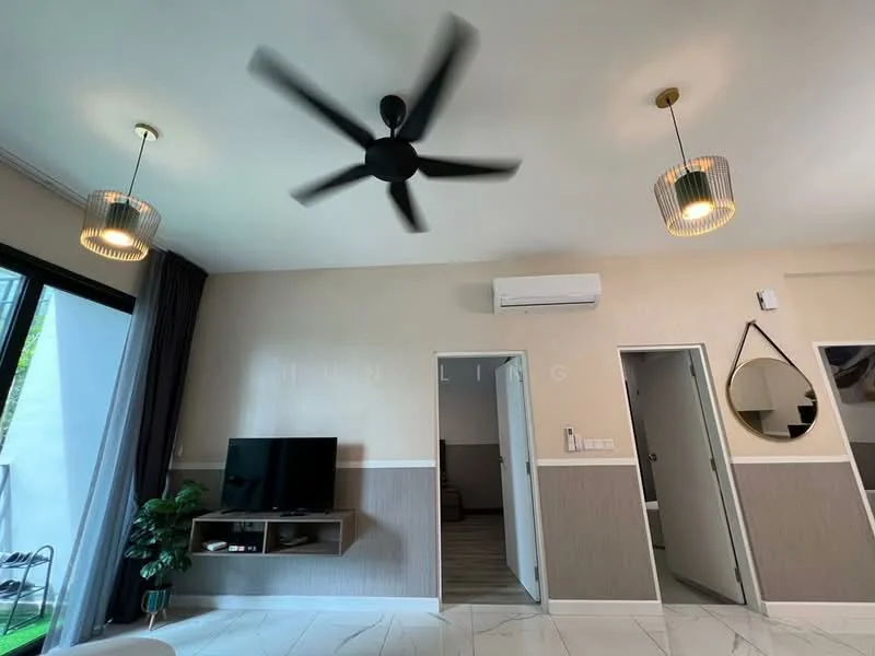 Living features: 5-blade ceiling fan with light, wall-mounted TV, TV console, recessed downlights, large windows with sheer curtains, light grey painted walls, white marble flooring, decorative mirror, indoor plant in ceramic pot, two pendant lights; style: modern.