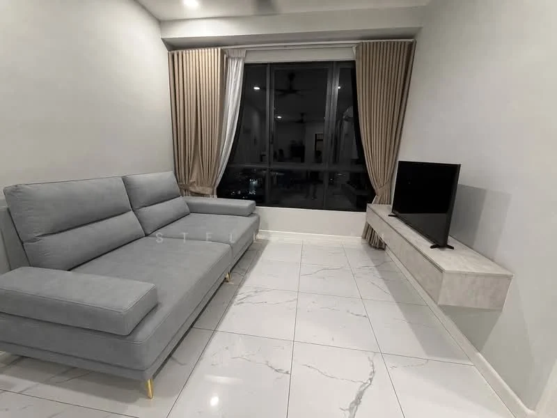 Living features: grey fabric sectional sofa, marble tile flooring, floor-to-ceiling windows, sheer curtains, TV console, wall-mounted TV, recessed downlights, ceiling fan; style: modern; view: city.