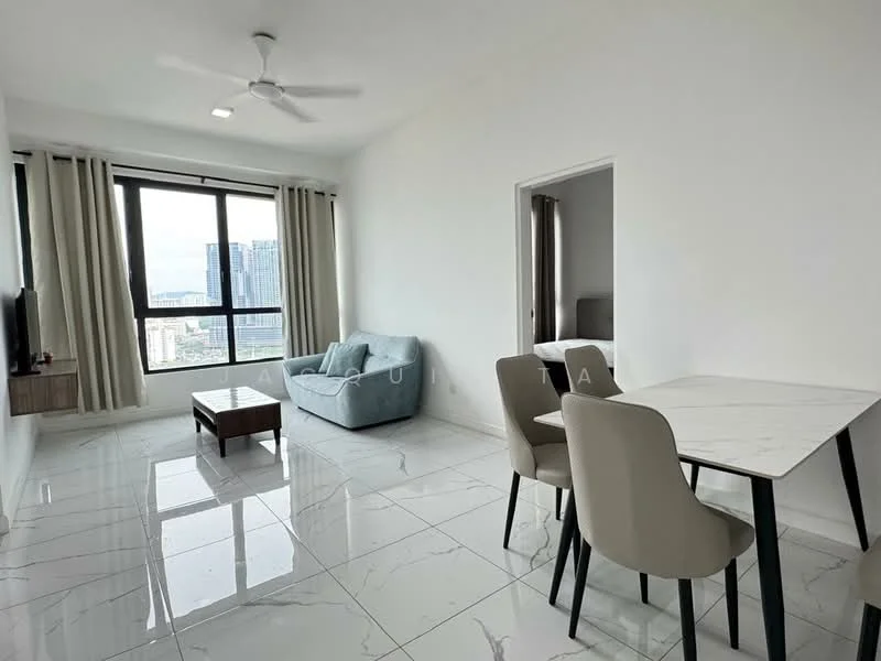 Living features: white painted walls, marble tile flooring, 5-blade ceiling fan, floor-to-ceiling windows, grey fabric sofa, wooden coffee table, TV console, dining table with marble top, 2 upholstered dining chairs; style: modern; view: city.