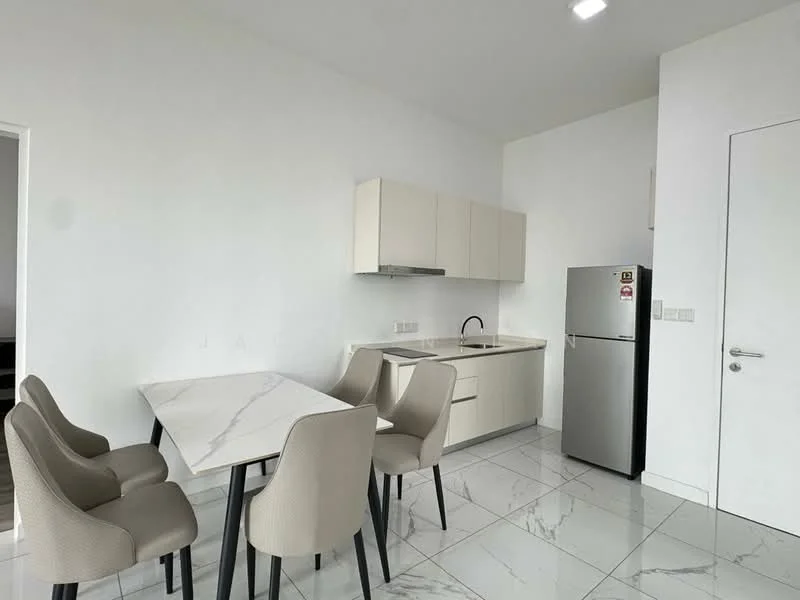 Kitchen features: white painted walls, marble tile flooring, white cabinetry, stainless-steel fridge, single-bowl stainless-steel sink, chrome pull-down faucet, built-in oven, 4-burner gas hob, dining table with marble top, 4 beige dining chairs, recessed downlights; style: modern.
