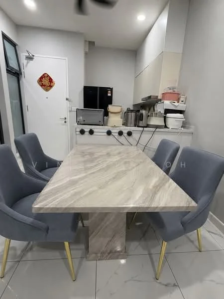 Dining features: marble dining table, 4 upholstered dining chairs in grey, grey painted walls, recessed downlights, kitchen cabinetry, black fridge, countertop appliances, kitchen sink, wall-mounted cabinet, white cabinetry; style: modern.