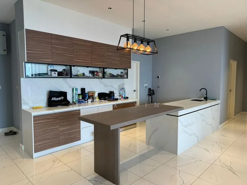 Kitchen features: white marble countertop, brown wood cabinetry, kitchen island with seating, black gooseneck faucet, built-in oven, stainless-steel appliances, recessed lighting, pendant light fixture, ceramic tile flooring, open shelving, glass-front upper cabinets, backlit cabinet section; style: modern.