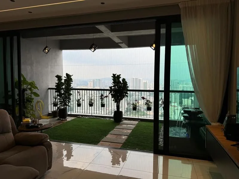 Living features: floor-to-ceiling windows, sliding glass door, grey accent wall, marble tile flooring, recessed downlights, sofa in beige, decorative plants, artificial grass flooring, stone-paved walkway, hanging planters; style: modern; view: city.