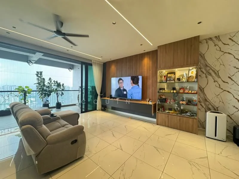 Living features: 3-seater fabric sofa in grey, wall-mounted TV, wood feature wall, built-in display cabinet with glass doors, marble tile flooring, ceiling fan, floor-to-ceiling windows, city view, decorative plants, recessed lighting, light curtains; style: modern; view: city.