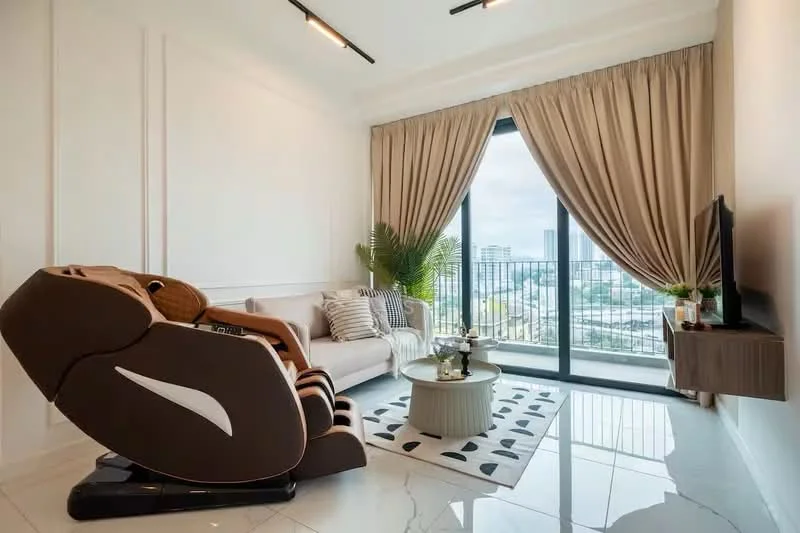 Living features: cream painted walls, marble tile flooring, floor-to-ceiling windows, sheer curtains, blackout curtains, sofa in light color, decorative cushions, coffee table, area rug with geometric pattern, wall-mounted TV, TV console, indoor plants; style: modern; view: city.