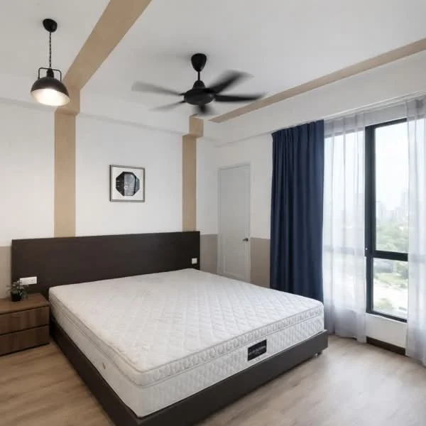 Bedroom features: queen-size bed with mattress, wooden bed frame, 2 bedside tables, pendant light fixture, 5-blade ceiling fan, floor-to-ceiling window, blue curtain, light wood flooring, white painted walls, accent wall with wood paneling; style: modern; view: city.