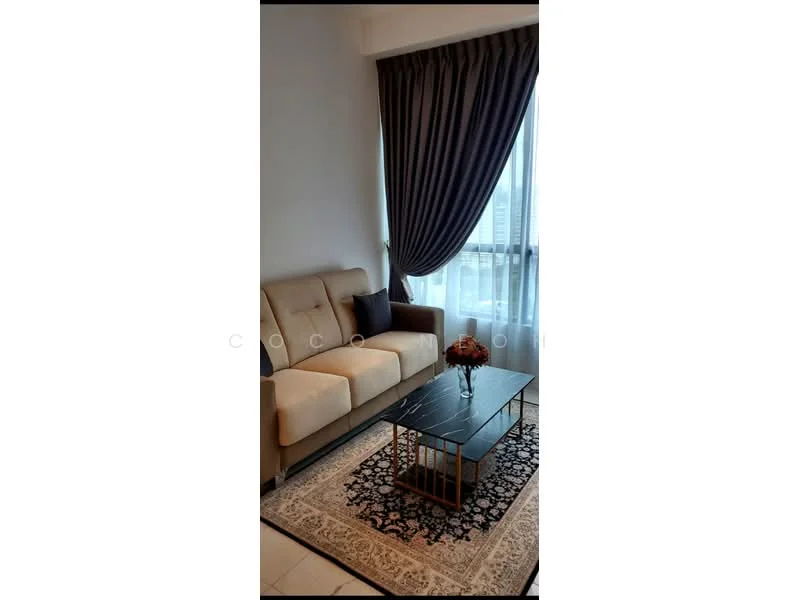 Living features: beige fabric 3-seater sofa, black coffee table with gold frame, area rug with geometric pattern, floor-to-ceiling windows, grey curtains, city view, decorative vase with flowers, white walls, tile flooring; style: modern; view: city.