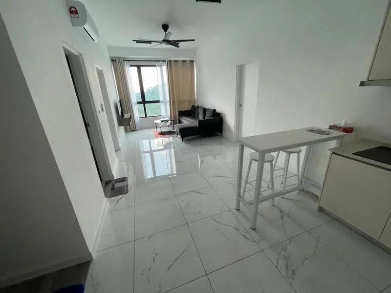Living features: white painted walls, marble tile flooring, 5-blade ceiling fan with light, floor-to-ceiling windows, sheer curtains, black leather sofa, coffee table, TV console, area rug, dining table with stools, kitchenette with countertop; style: modern; view: city.