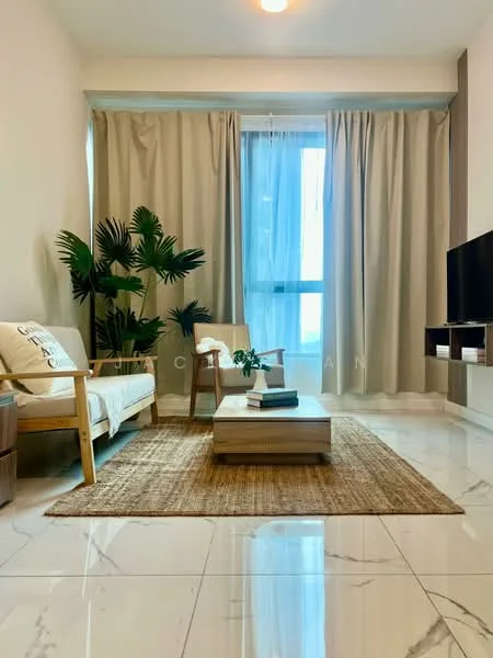 Living features: white painted walls, marble tile flooring, large window with sheer curtains, light-colored sofa with wooden frame, area rug with natural fibers, wooden coffee table, potted plant, TV console with wall-mounted TV, decorative throw pillows, ceiling light fixture; style: modern.