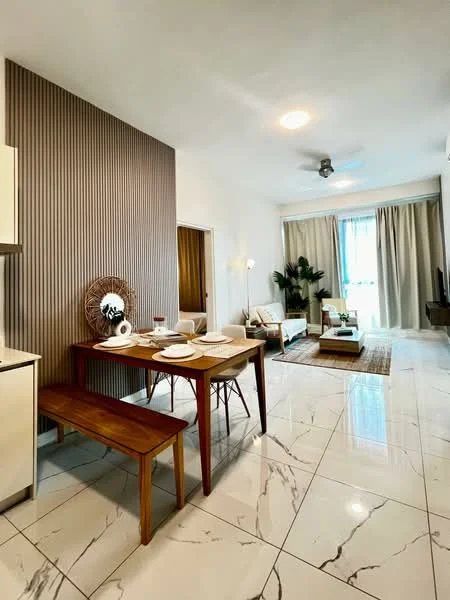 Dining features: dining table with wooden surface, 4 dining chairs, bench seating, white ceramic plates, glass of red wine, decorative wall mirror, striped accent wall in beige, marble tile flooring, recessed ceiling lights, ceiling fan, large window with sheer curtains, green indoor plants, area rug with natural fibers, sofa in beige fabric, coffee table in wood; style: modern; view: city.