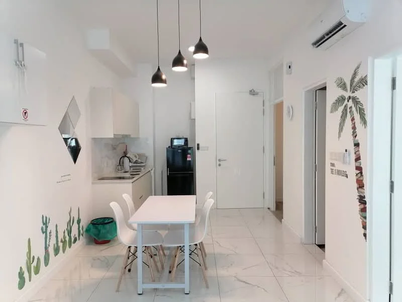 Kitchen features: white cabinetry, marble countertop, stainless-steel sink, chrome pull-down faucet, built-in oven, fridge, 4-burner gas hob, pendant lighting, white walls, tile flooring, wall-mounted split AC, decorative wall art with palm tree, dining table with four white chairs; style: modern.