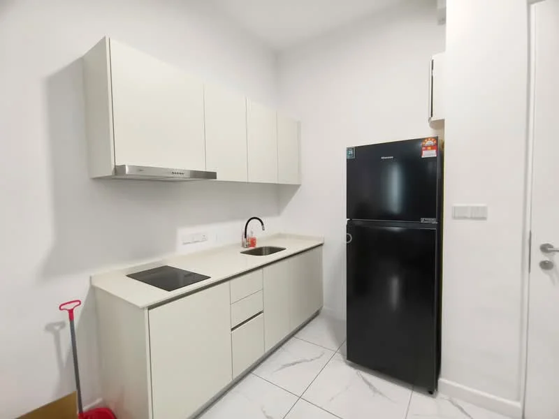 Kitchen features: white cabinetry, black refrigerator, single-bowl stainless-steel sink, chrome pull-down faucet, built-in cooktop, white countertop, marble tile flooring, wall-mounted range hood, minimalist design, open shelving, modern lighting; style: modern.