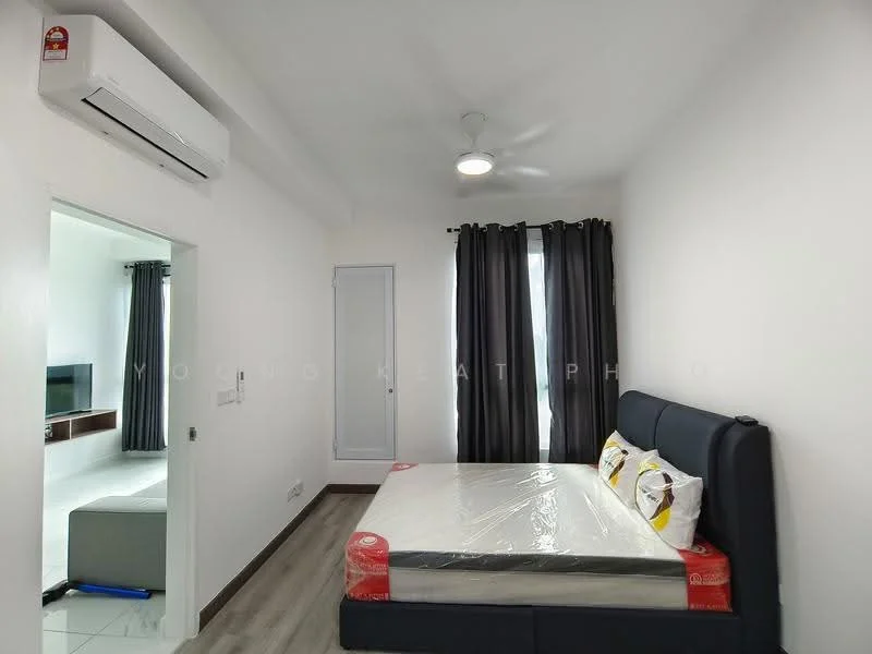 Bedroom features: queen-size bed with mattress protector, upholstered headboard, 2 bedside pillows, 1 ceiling fan with light, 1 wall-mounted split AC, grey curtains, white painted walls, laminate flooring, floor-to-ceiling window, TV console in adjacent room visible; style: modern.