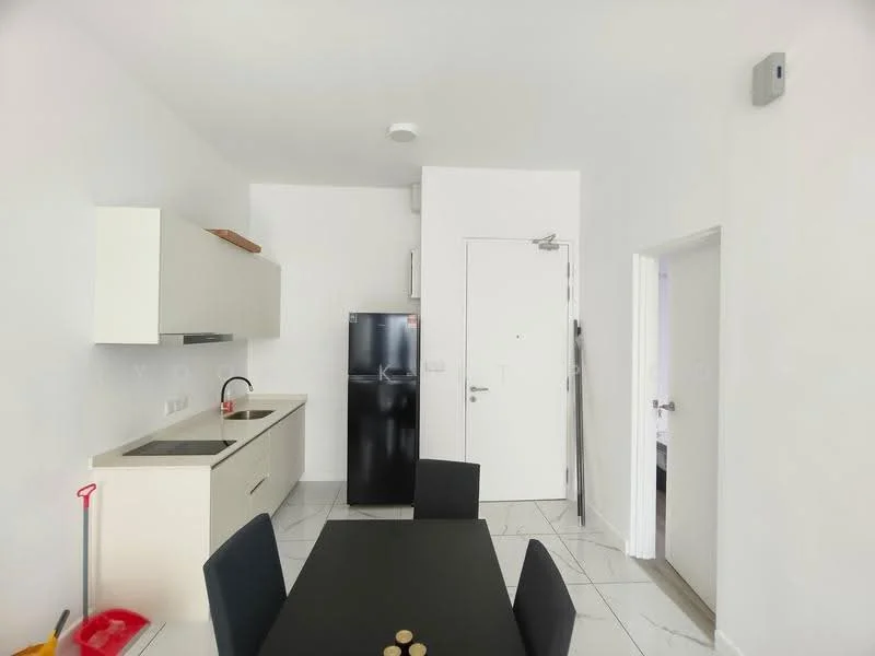 Kitchen features: white cabinetry, black refrigerator, single-bowl stainless-steel sink, chrome pull-down faucet, white countertop, tile flooring, wall-mounted cabinets, dining table with black chairs, door leading to hallway; style: modern.
