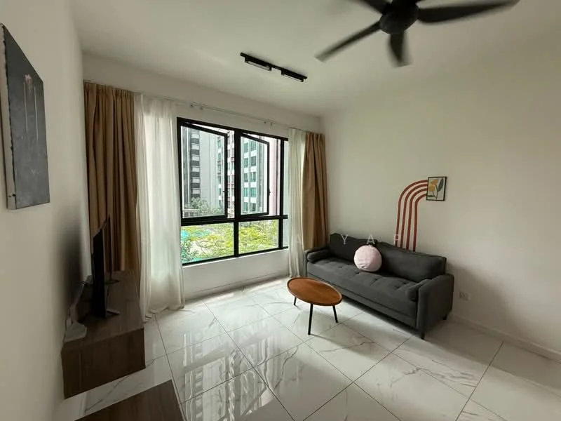 Living features: grey fabric sofa, round wooden coffee table, wall-mounted TV, floor-to-ceiling windows, sheer curtains, cream painted walls, marble tile flooring, ceiling fan with light, decorative wall art; style: modern; view: garden.