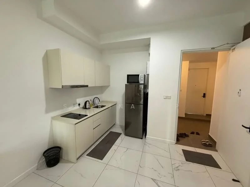 Kitchen features: white cabinetry, stainless-steel fridge, built-in microwave, stainless-steel sink, chrome pull-down faucet, ceramic tile flooring, white walls, countertop with integrated sink, kitchen countertop, two kitchen mats; style: modern.