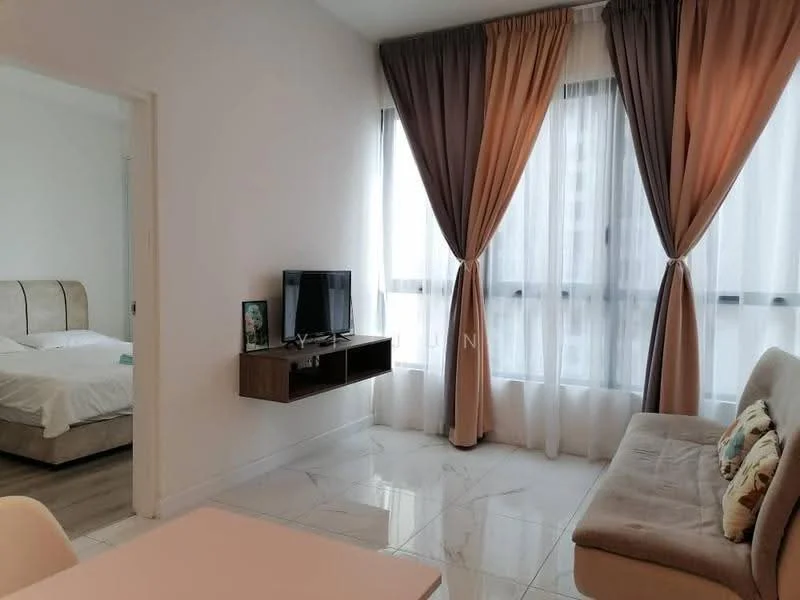 Living features: white painted walls, marble tile flooring, floor-to-ceiling windows, sheer curtains, two-tone drapery in beige and grey, wall-mounted TV, wooden TV console, sofa in light beige, decorative cushions; style: modern. Bedroom features: white painted walls, wooden flooring, queen-size bed with upholstered headboard, bedding in white, nightstand, framed artwork; style: modern.
