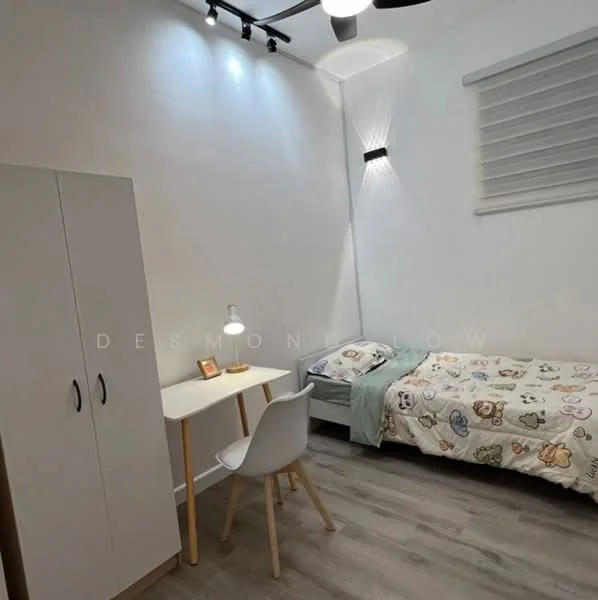 Bedroom features: single bed with patterned bedding, white walls, wooden flooring, ceiling fan with light, desk with lamp, white chair, built-in wardrobe, window with blinds; style: modern.