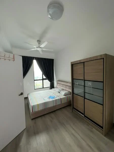 Bedroom features: queen-size bed with patterned bedding, upholstered headboard, built-in wardrobe with glass panels, ceiling fan, floor-to-ceiling window, dark curtains, light wood flooring, white painted walls, decorative wall hook, study desk with open book; style: modern; view: city.