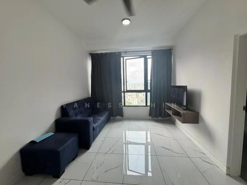 Living features: 3-seater fabric sofa in navy blue, wall-mounted TV, floating TV console, large window with city view, grey curtains, white painted walls, marble tile flooring, ceiling fan with light, recessed downlights; style: modern; view: city.