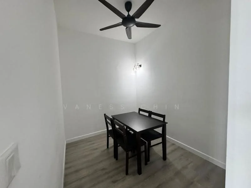 Dining features: black dining table, 4 black dining chairs, light wood flooring, white painted walls, ceiling fan with light, wall-mounted light fixture; style: modern.