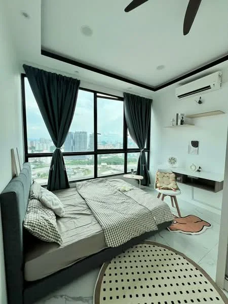 Bedroom features: king-size bed with grey upholstered headboard, plaid bedding, floor-to-ceiling windows, blackout curtains, white walls, marble tile flooring, ceiling fan, wall-mounted air conditioning unit, wooden shelf with decorative items, study desk with chair, area rug with circular pattern, decorative wall art; style: modern; view: city.