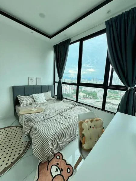 Bedroom features: king-size bed with grey upholstered headboard, plaid bedding, floor-to-ceiling windows, grey curtains, white walls, polished tile flooring, decorative area rug with polka dots, study desk, chair with bear design, wall art, nightstand, table tray; style: modern; view: city.