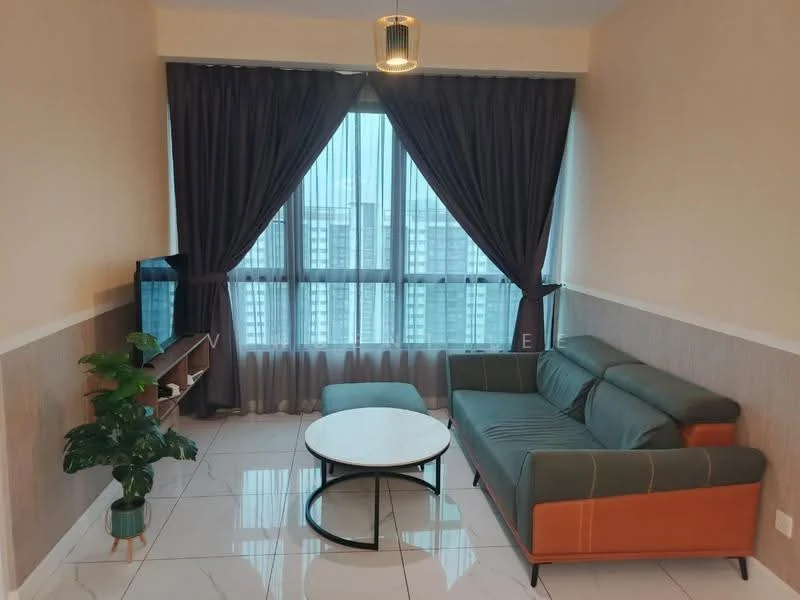 Living features: 3-seater fabric sofa in green, round coffee table with black metal base, floor-to-ceiling windows, sheer curtains, dark grey curtains, wall-mounted TV, wooden TV console, decorative houseplant in ceramic pot, glossy white tile flooring, light fixture with pendant design, accent wall with wood paneling; style: modern; view: city.