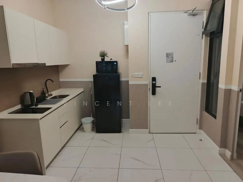 Kitchen features: white cabinetry, black countertop, single-bowl stainless-steel sink, chrome pull-down faucet, black fridge, kettle, white tiled flooring, recessed ceiling lights, wall-mounted door, window with blinds; style: modern.
