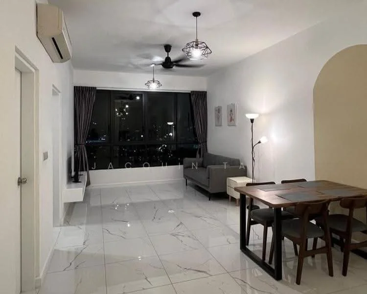 Living features: white painted walls, marble tile flooring, 5-blade ceiling fan with light, recessed downlights, floor-to-ceiling windows, grey fabric sofa, wooden dining table, 4 dining chairs, decorative floor lamp, curtains, TV console, wall-mounted TV; style: modern; view: city.