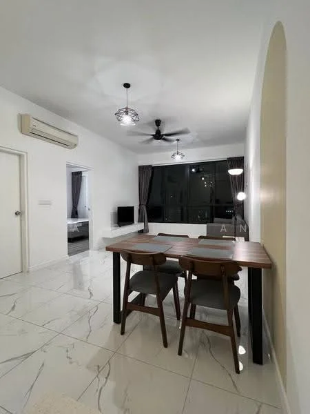 Dining features: dining table with wooden top, 4 wooden dining chairs, white walls, marble tile flooring, ceiling fan with light, wall-mounted TV, floor-to-ceiling windows with sheer curtains, recessed downlights; style: modern; view: city. Room features: air conditioning unit, grey curtains.