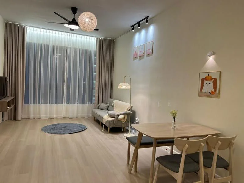 Living features: light wood flooring, white painted walls, floor-to-ceiling windows, sheer curtains, 3-blade ceiling fan, pendant light, sofa in light fabric, round area rug, dining table with 4 chairs, decorative wall art, table lamp, vase with flowers; style: modern; view: city.
