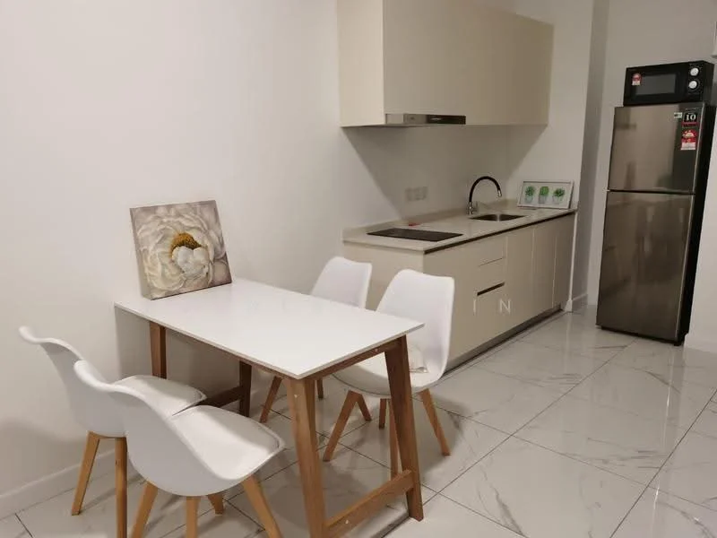 Kitchen features: white cabinetry, marble countertop, single-bowl stainless-steel sink, chrome pull-down faucet, built-in oven, stainless-steel fridge, 4-burner gas hob, white tiled backsplash, recessed downlights, white walls, floor-to-ceiling windows, dining table with white surface and wooden legs, 3 white dining chairs; style: modern.