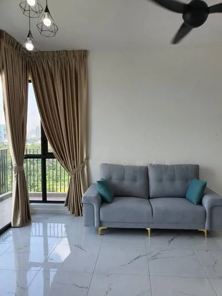 Living features: grey fabric sofa, two teal accent cushions, marble tile flooring, floor-to-ceiling windows, sheer curtains, heavy drapes, ceiling fan, hanging pendant lights, white painted walls; style: modern; view: city.