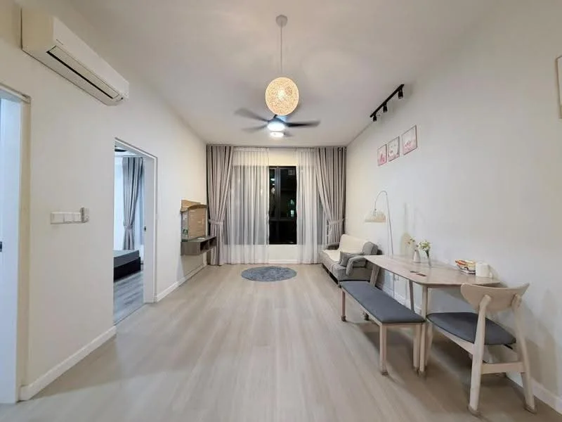 Living features: light wood laminate flooring, white painted walls, ceiling fan with light, pendant light fixture, floor-to-ceiling windows, sheer curtains, sofa in light fabric, round area rug, dining table with chairs, decorative wall art, wall-mounted TV console, open shelving unit; style: modern. Room features: doorway leading to another room, grey curtains.