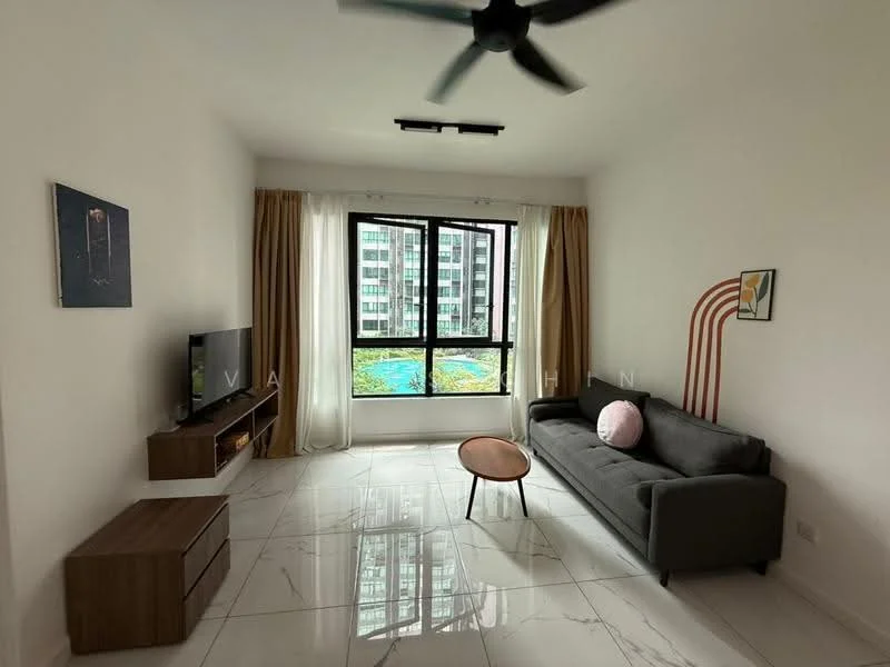 Living features: grey fabric sofa, round wooden coffee table, wall-mounted TV, TV console with storage, floor-to-ceiling windows, sheer curtains, cream painted walls, marble tile flooring, ceiling fan with light, decorative wall art, accent wall with colorful design; style: modern; view: garden.