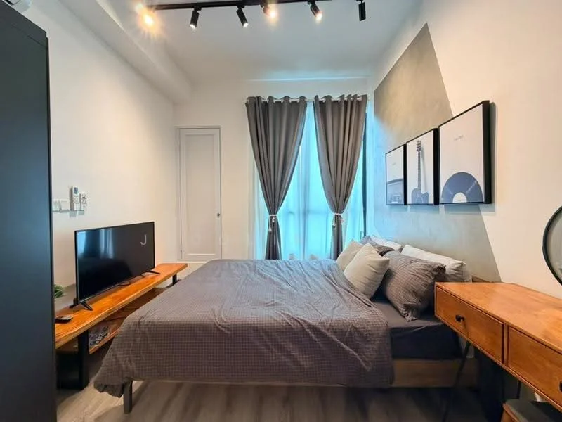 Bedroom features: queen-size bed with grey bedding, wooden bedside table, black TV on a wooden console, floor-to-ceiling window with sheer curtains, grey accent wall, recessed LED downlights, laminate flooring, decorative wall art, dark grey curtains; style: modern.
